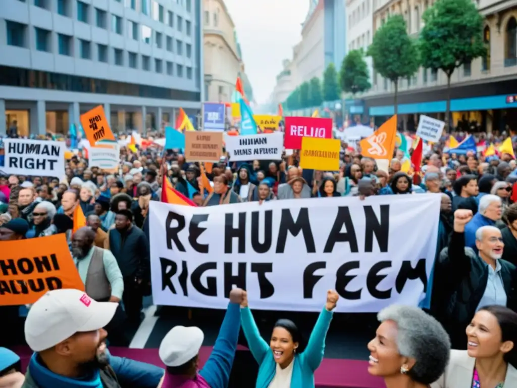 Manifestación multitudinaria por la religión en la concepción de derechos humanos en la ciudad, con pancartas coloridas y gente apasionada