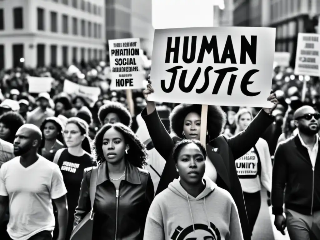 Manifestación poderosa por la conciencia de derechos humanos en movimientos sociales, con diversidad, determinación y esperanza