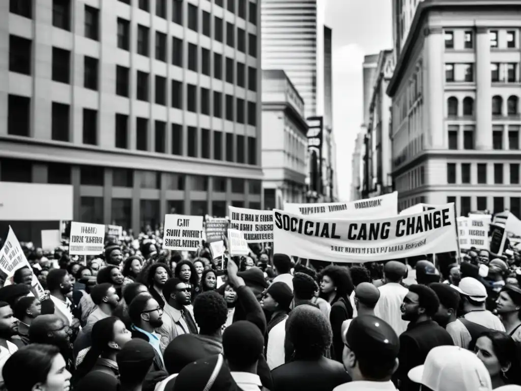 Manifestantes en la calle con pancartas y consignas, luchando por música protesta y derechos humanos en una ciudad llena de historia y progreso