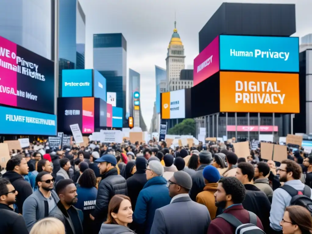 Manifestantes en la ciudad abogando por derechos humanos en la era digital, rodeados de una multitud diversa y pantallas electrónicas