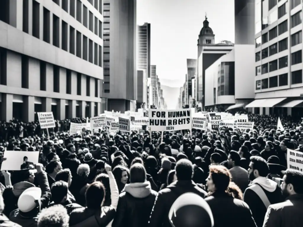 Manifestantes en una concurrida calle de Sudamérica, levantando carteles y luchando por los derechos humanos