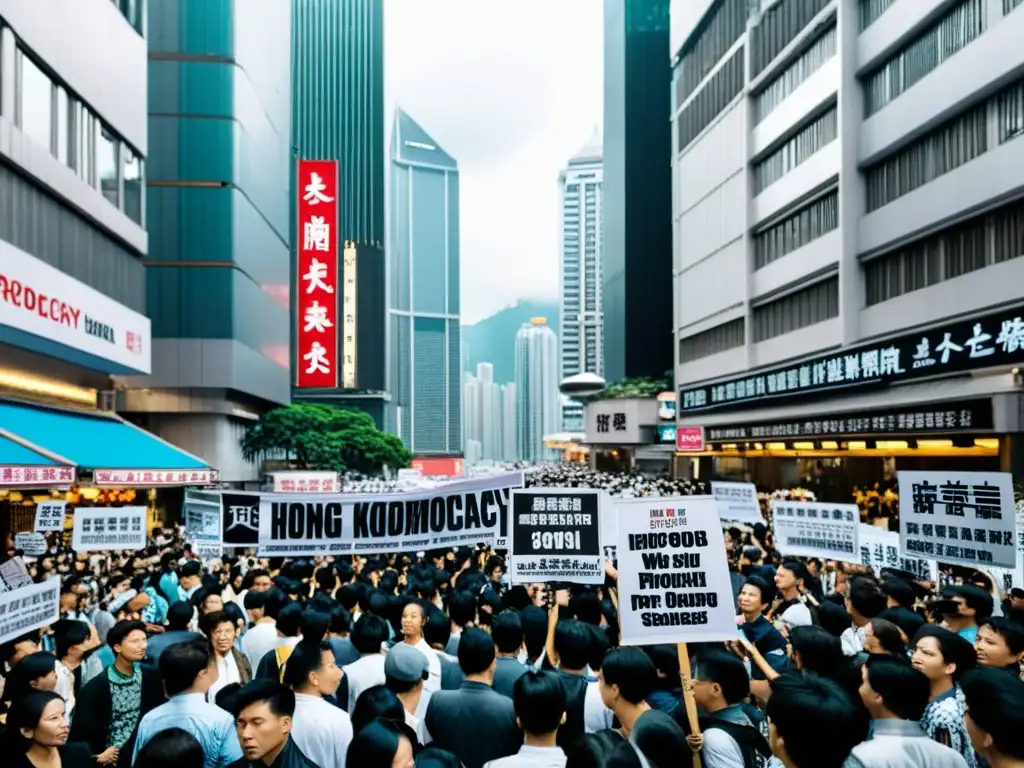 Manifestantes en una concurrida calle de Hong Kong sosteniendo pancartas con mensajes prodemocracia