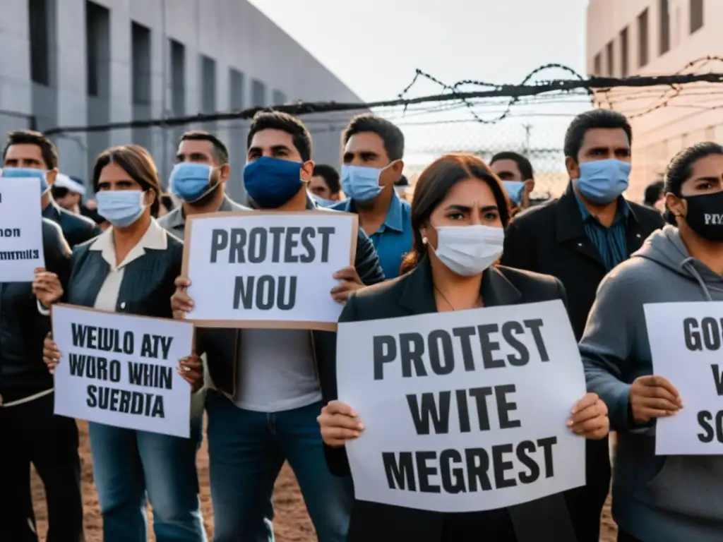 Manifestantes en Paraguay protestan por la represión y luchan por los derechos humanos frente a un edificio gubernamental, rodeados de alambre de púas