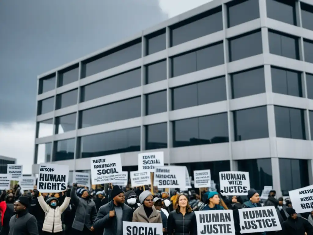 Manifestantes luchando por derechos humanos frente a un edificio corporativo