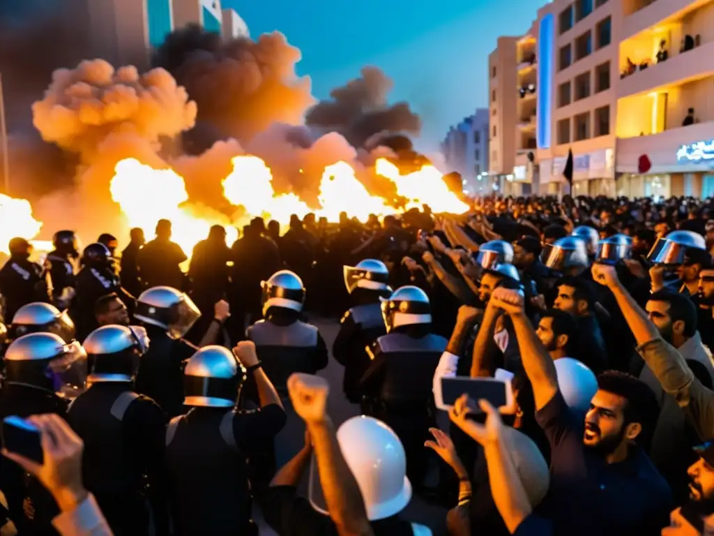 Manifestantes desafiantes en las calles de Manama, Bahrein, enfrentando la represión política con determinación y valentía