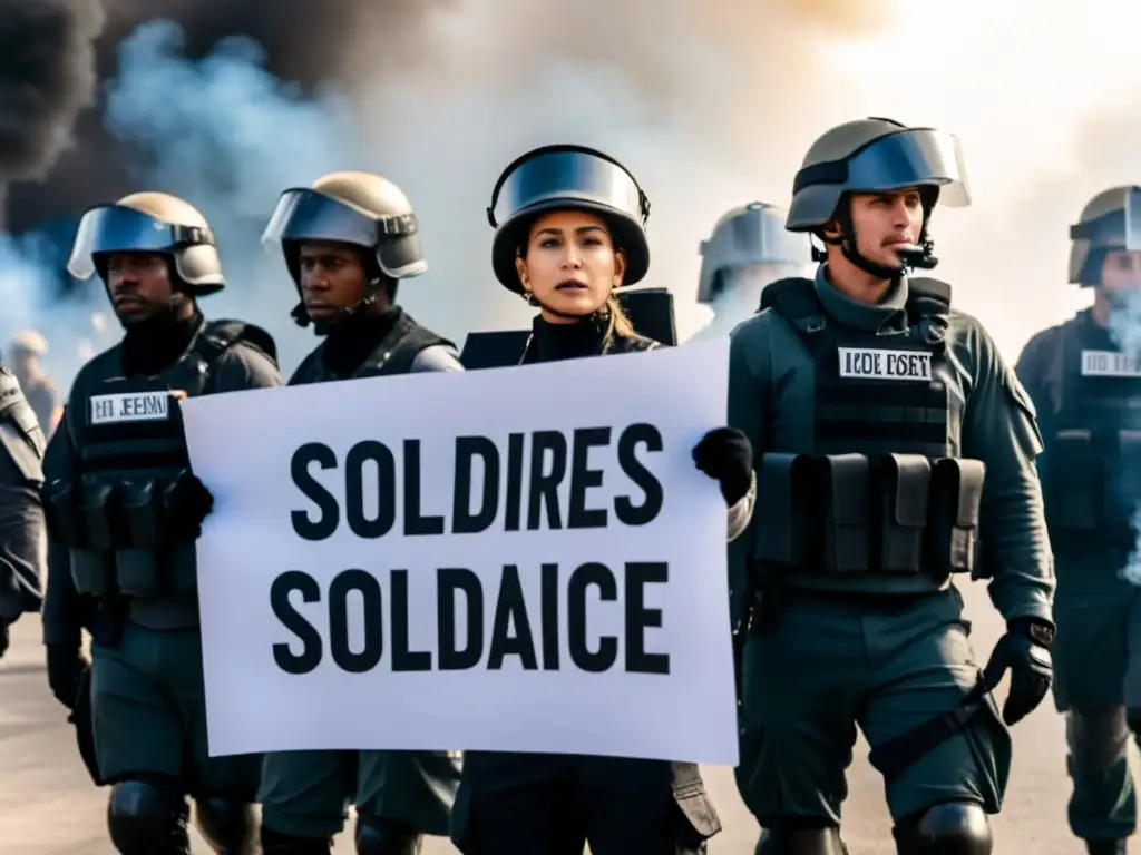 Manifestantes desafiantes frente a fuerza armada en territorios ocupados, escena de tensión y conflicto en blanco y negro