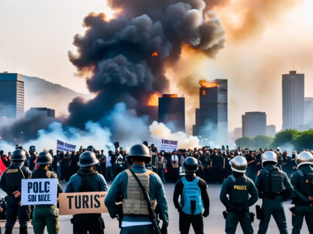 Manifestantes desafiantes frente a fuerza en territorios ocupados, luchando por justicia en ciudad con señales de disturbios