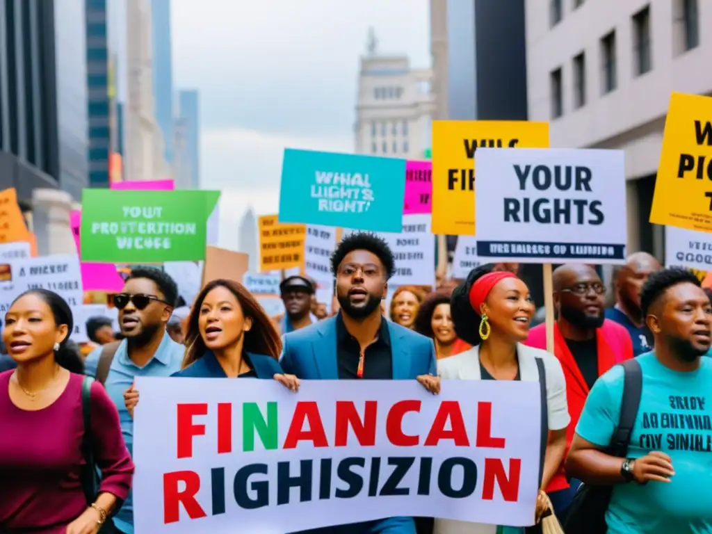 Manifestantes expresan intensidad y determinación al marchar por la ciudad, exigiendo protección derechos consumidores globalización financiera