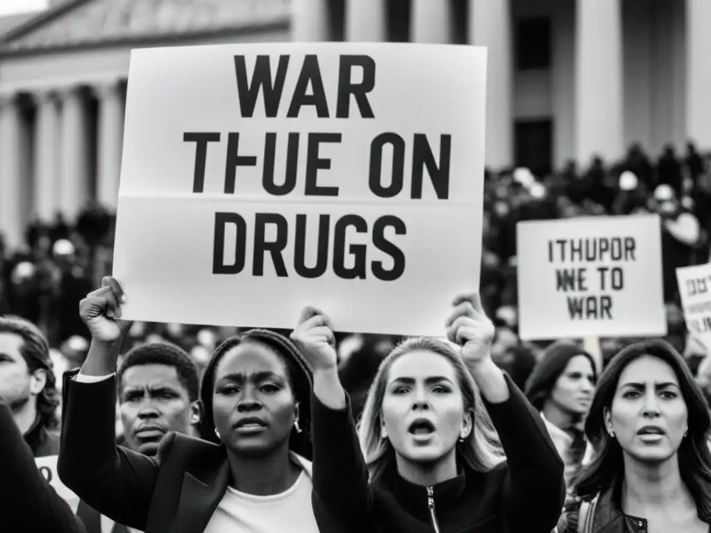 Protesta impactante contra la guerra antidrogas Manifestantes exigen justicia y el fin de la violación de derechos en guerra contra drogas frente a un edificio gubernamental