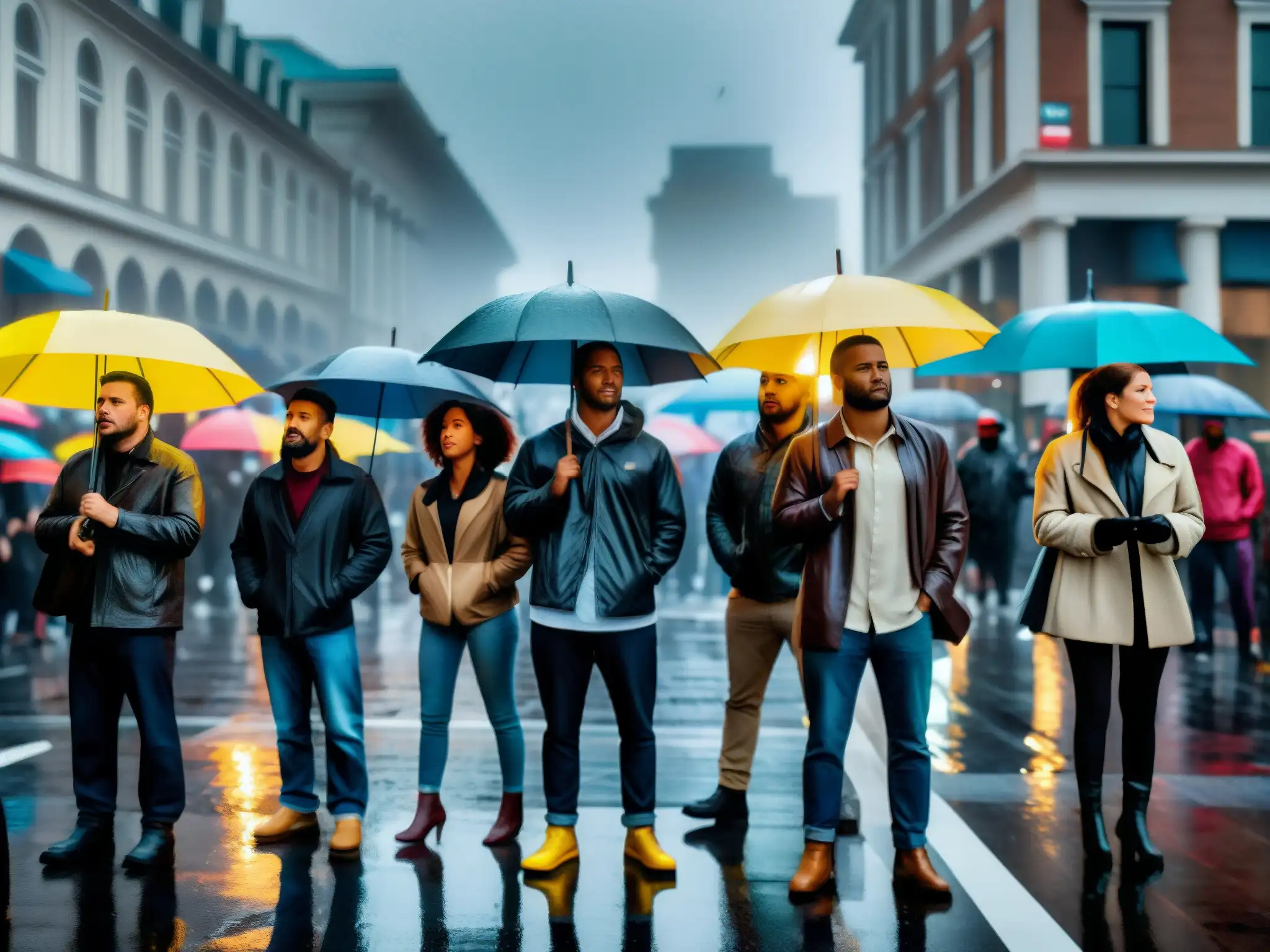 Manifestantes bajo la lluvia en la plaza de la ciudad, reflejados en los paraguas coloridos