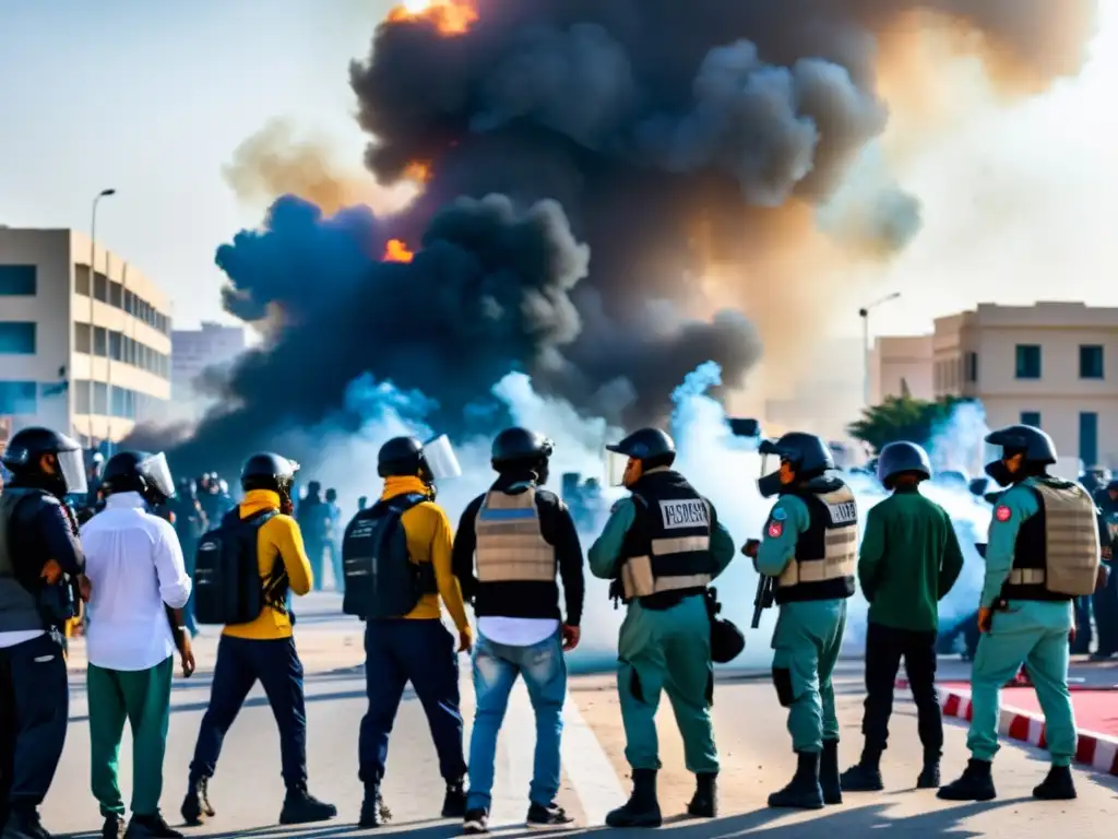 Manifestantes pacíficos en Bahrein desafiando la represión política, con fuerzas de seguridad armadas y gas lacrimógeno en el aire