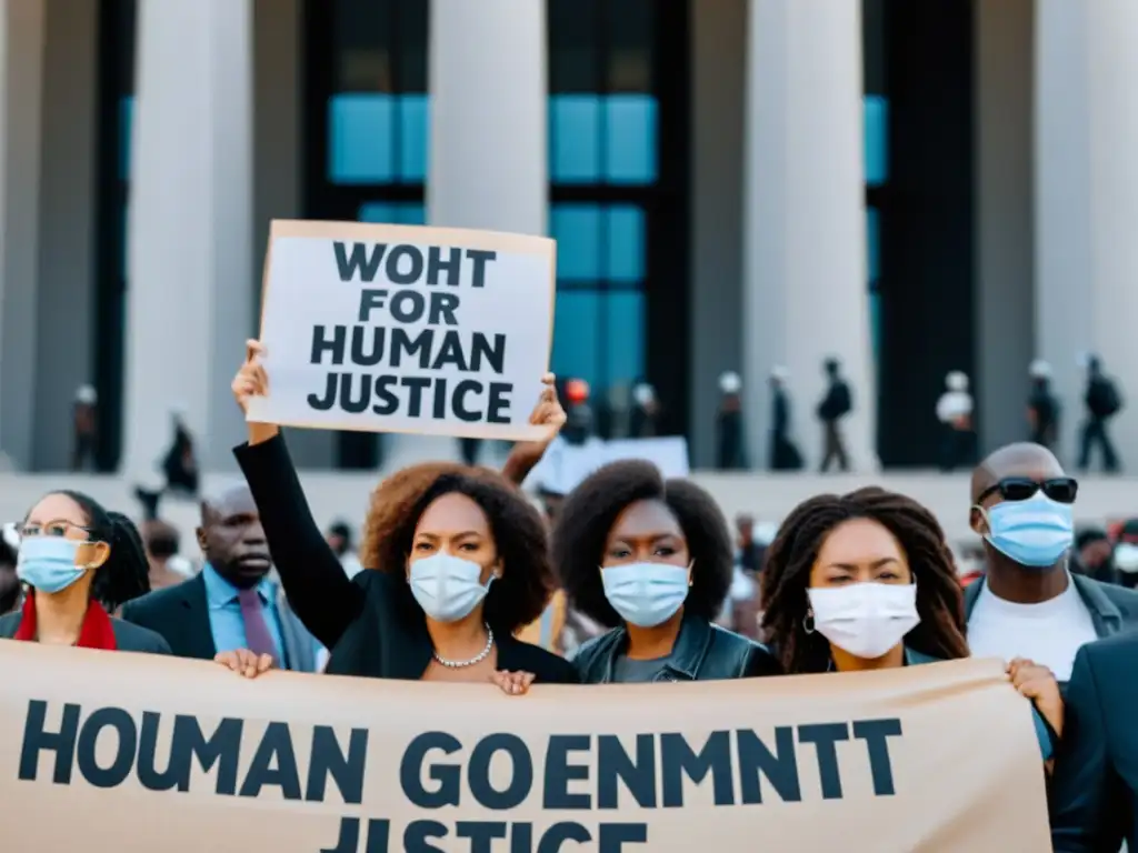 Manifestantes con pancartas en protesta por derechos humanos frente a un edificio gubernamental