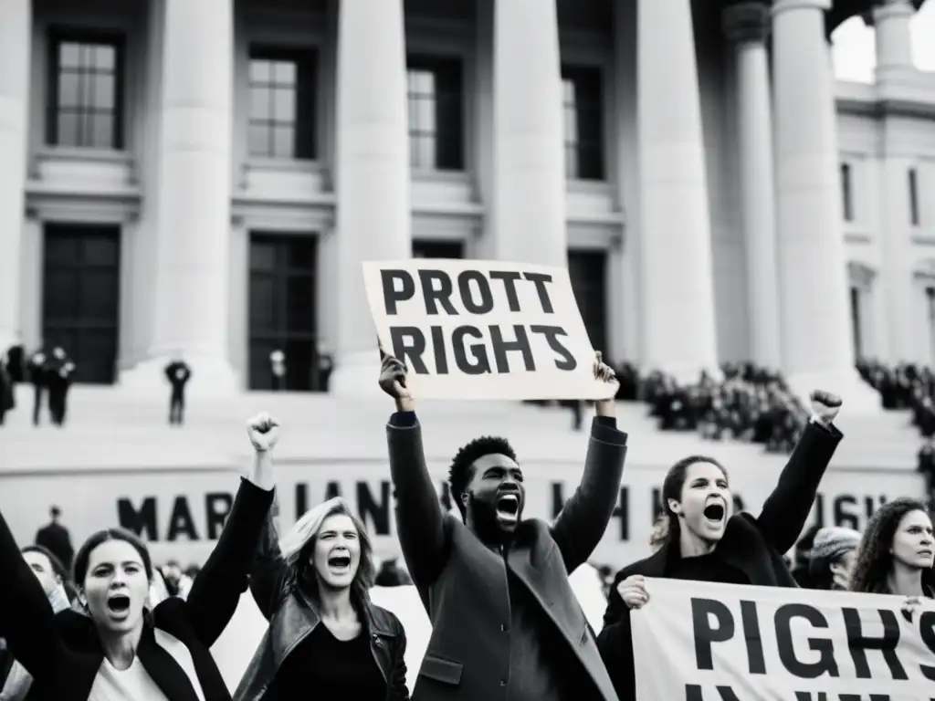 Manifestantes levantan pancartas y puños frente a un edificio gubernamental en una intensa protesta por la crítica del marxismo en derechos humanos