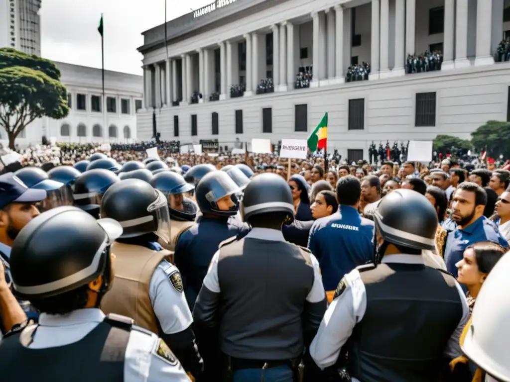 Manifestantes y policía en un proceso transición democracia América Sur