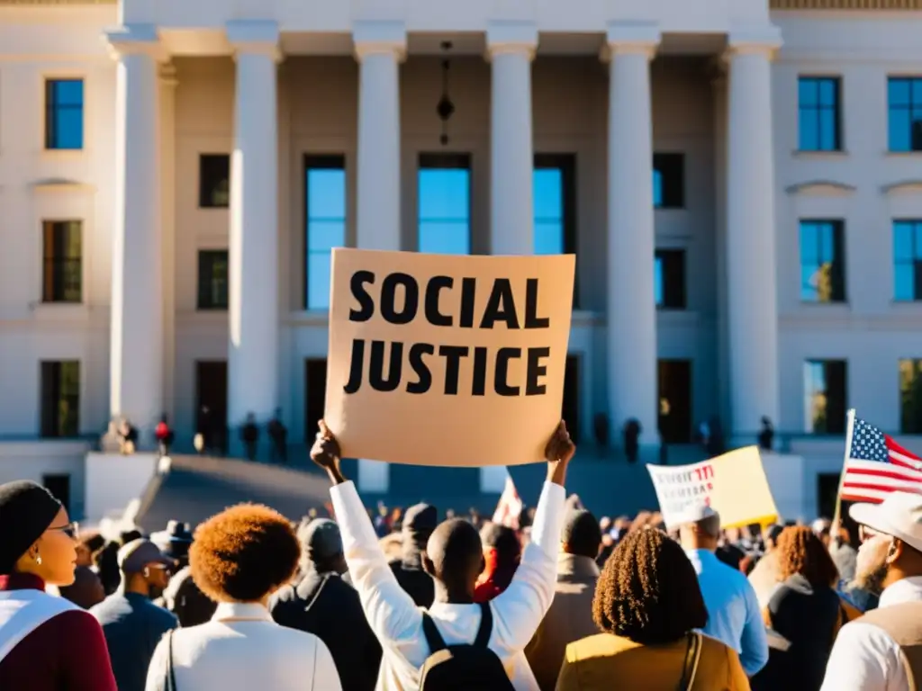 Manifestantes unidos por la justicia social y la democracia frente a un edificio gubernamental