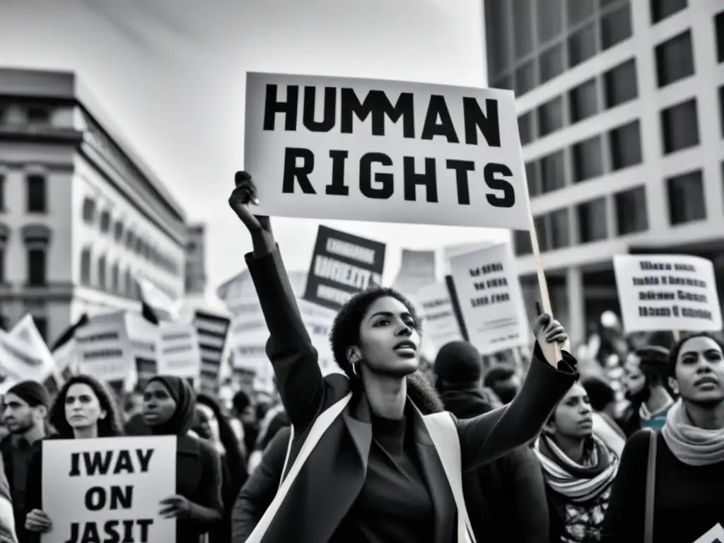 Manifestantes unidos en una plaza de la ciudad, levantando pancartas por las repercusiones derechos humanos Medio Oriente, con determinación y pasión en sus rostros