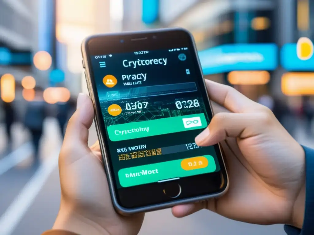 Mano anónima utiliza app de billetera de criptomonedas en entorno urbano, simbolizando privacidad en transacciones digitales