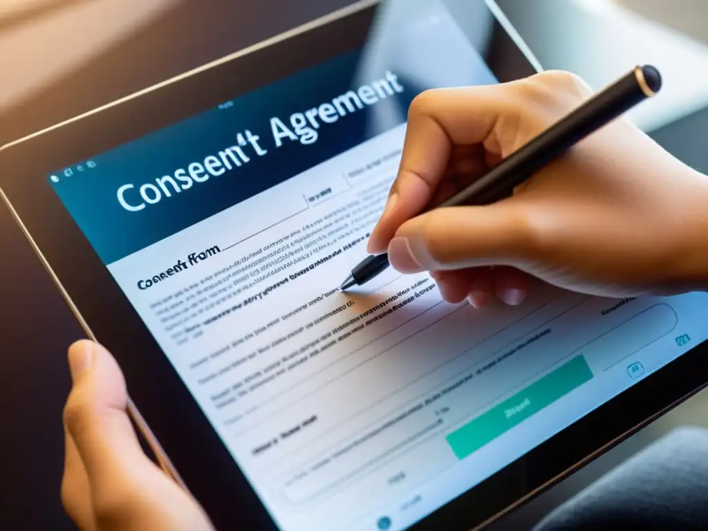 Firma digital de consentimiento: Tecnología y legalidad en acción Una mano firmando un consentimiento informado en una tableta, destacando la seriedad y profesionalismo de la era digital