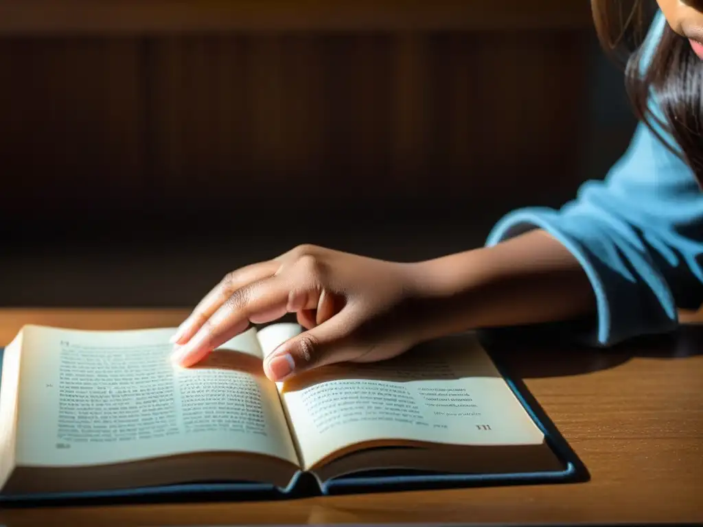 Mano de niña tocando un libro en aula tenue, resaltando la brecha de género en educación y el empoderamiento femenino