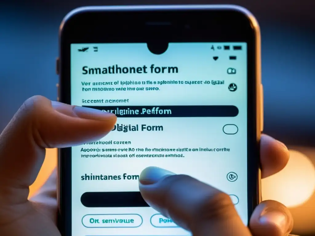 Consentimiento digital: reflexión íntima Mano sobre pantalla de smartphone con formulario de consentimiento informado era digital, en ambiente íntimo y reflexivo