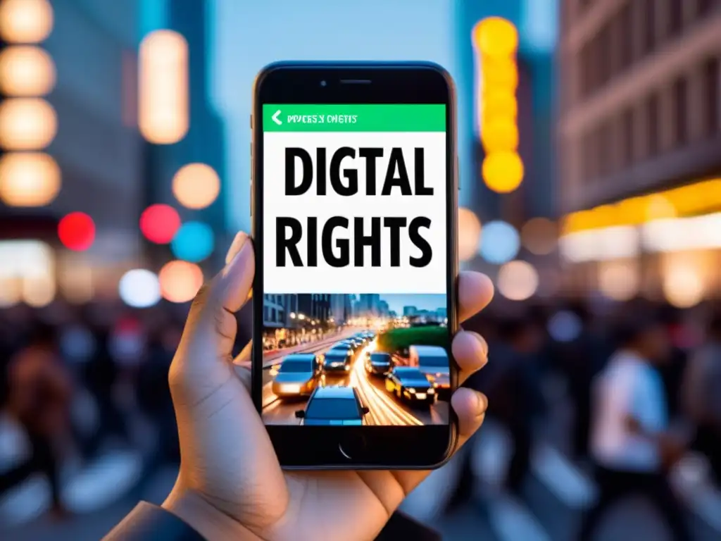 Mano sostiene smartphone con cartel de protesta por derechos laborales, en medio de la transformación digital y la urbe activa