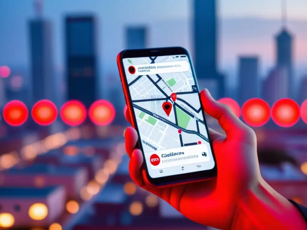 Una mano sostiene un smartphone con un mapa digital de una ciudad llena de cámaras de vigilancia