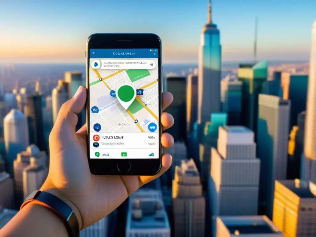Mano sostiene smartphone con mapa y logotipos de empresas tecnológicas en ciudad