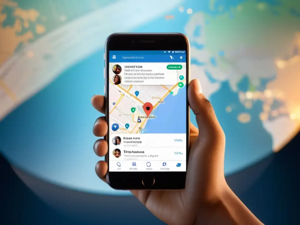 Mano sostiene smartphone con mapa y notificaciones, reflejando el desafío derechos humanos siglo XXI