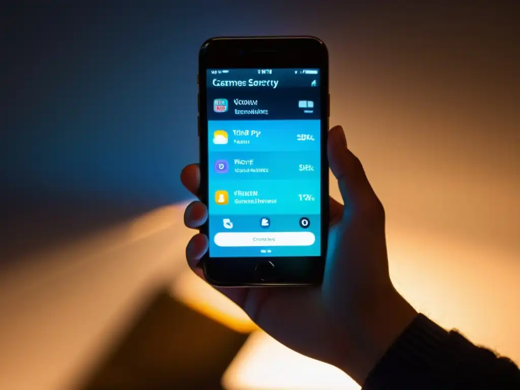 Mano sostiene smartphone con pantalla iluminada, revelando apps y preocupaciones sobre privacidad en la era digital