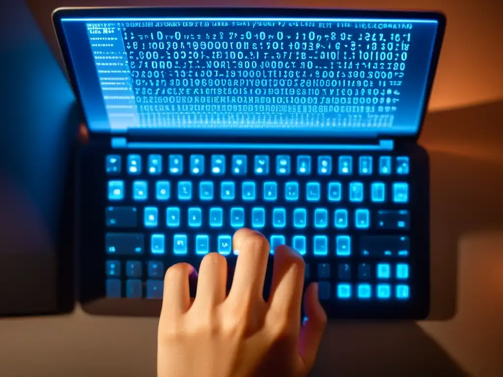 Mano escribiendo en teclado de laptop con código encriptado