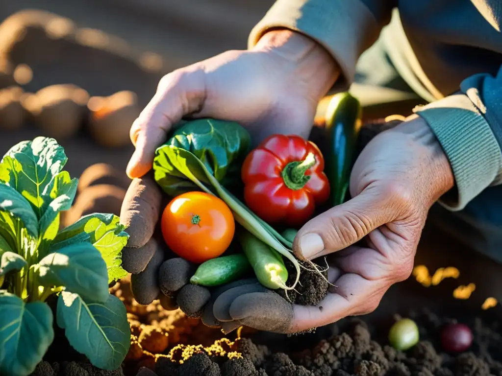 Manos de agricultor arrugadas sostienen verduras frescas bajo el sol, transmitiendo el derecho a la seguridad alimentaria