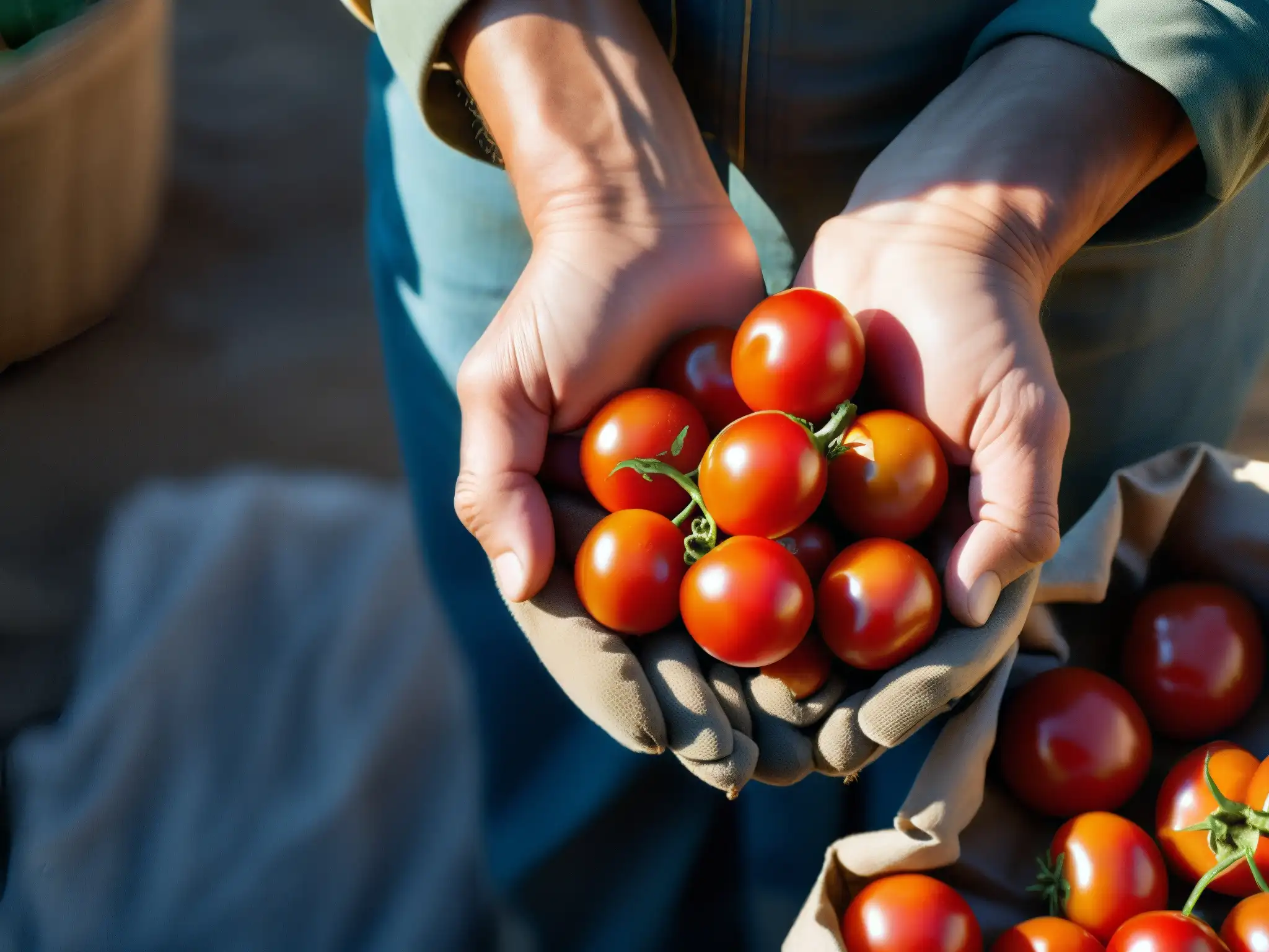 Manos de agricultor sostienen tomates rojos, mostrando la función de la agricultura local en crisis alimentaria