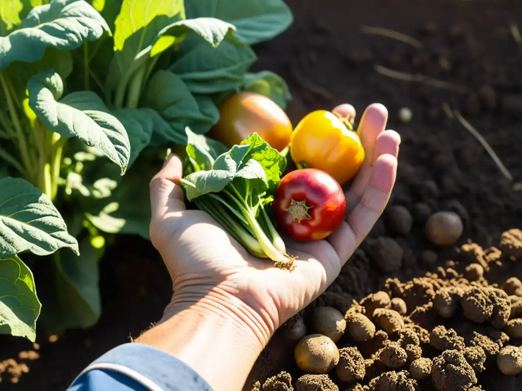 Manos de agricultor sostienen vegetales frescos con tierra fértil y cosechas vibrantes al sol