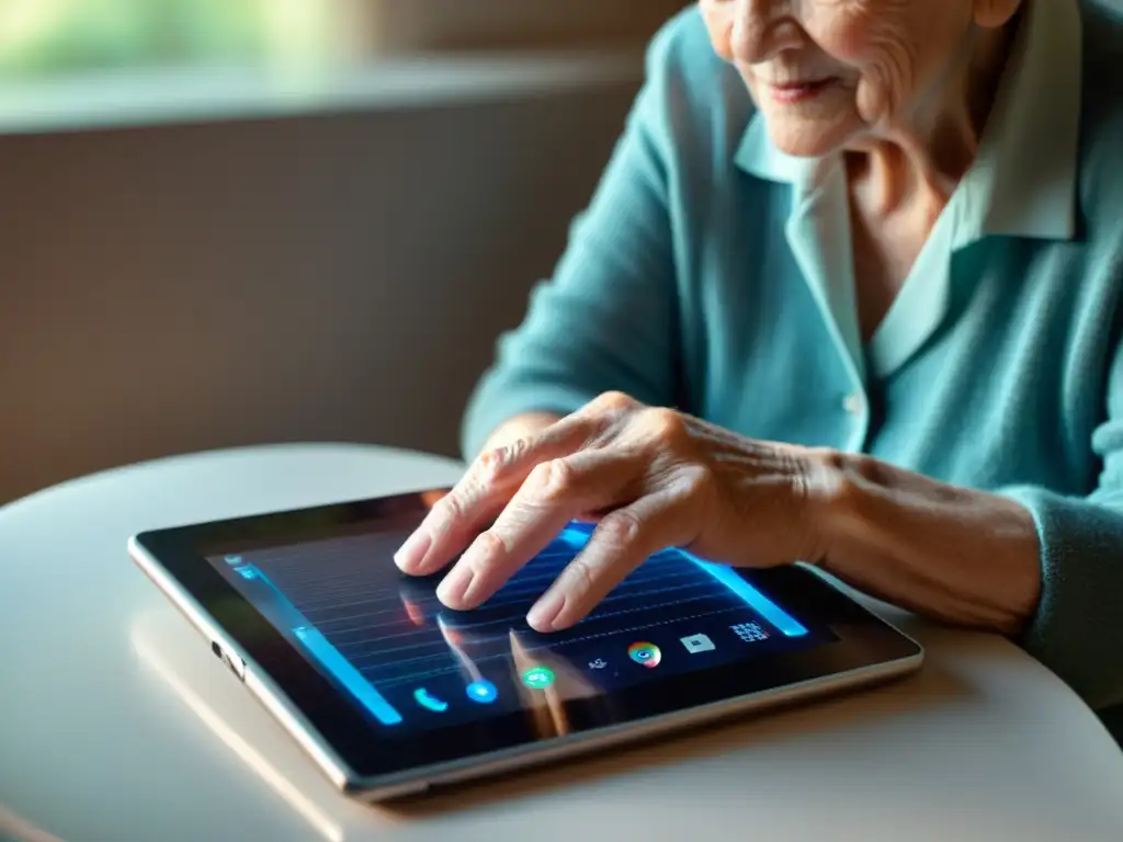 Manos arrugadas de anciano explorando una tablet con determinación y curiosidad, simbolizando el acceso tecnológico para ancianos