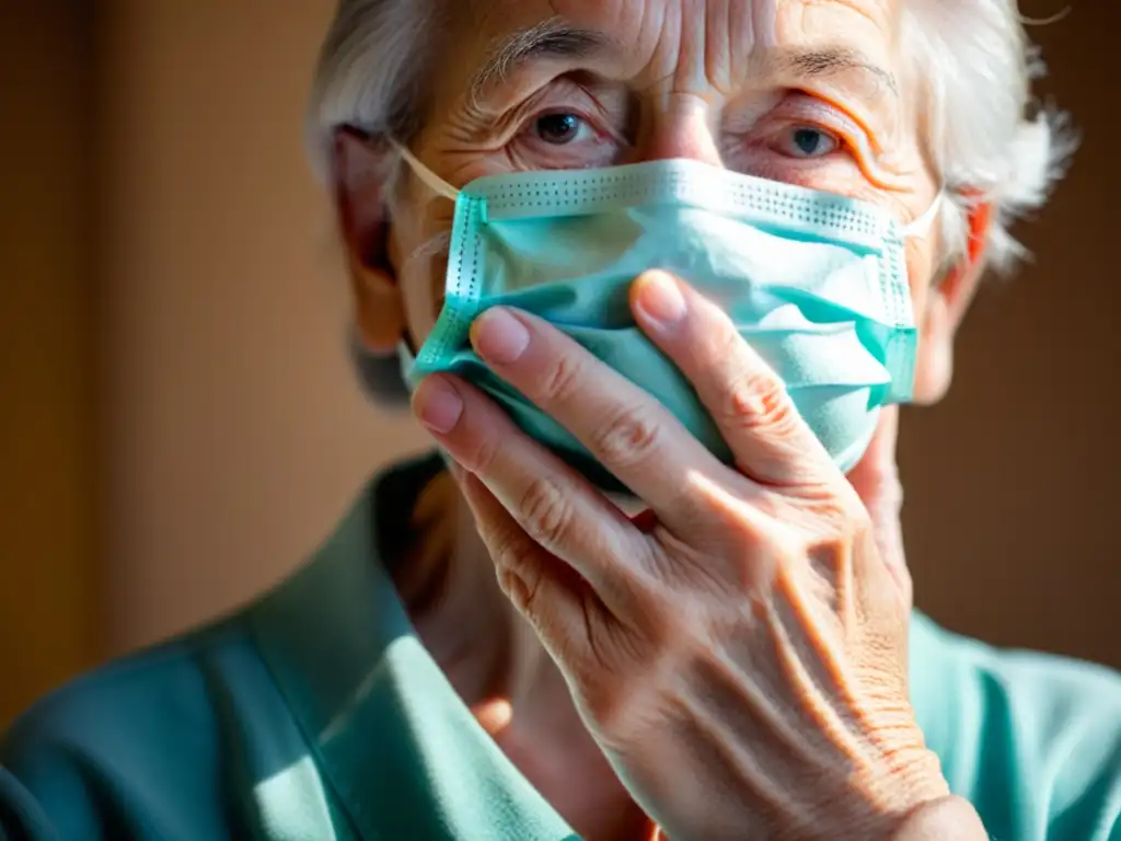 Manos arrugadas de persona mayor sujetando mascarilla protectora, transmitiendo vulnerabilidad y la importancia de protección durante pandemias