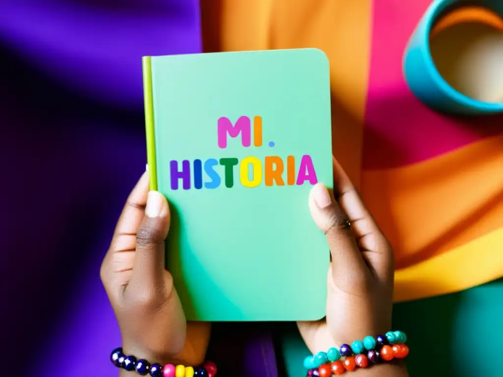 Manos sosteniendo un cuaderno con 'Mi historia' escrito, rodeadas de personas conversando, simbolizando la inclusión de experiencias de vida personas intersexuales