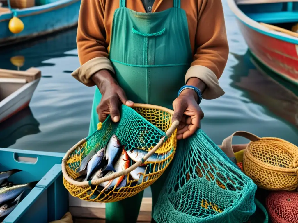 Manos de pescador sostienen red en mercado de pescado, mostrando impacto del cambio climático en pescadores