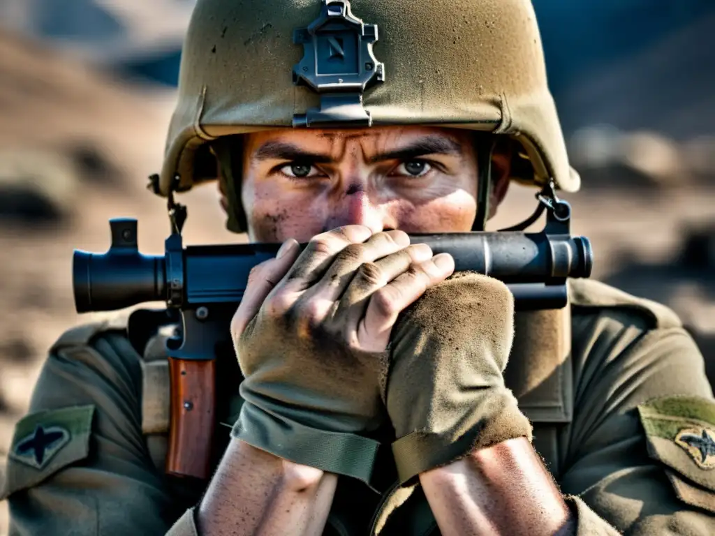 Manos de un soldado agarrando un rifle desgastado, con la intensidad de su mirada reflejando el impacto psicológico de la guerra en los combatientes