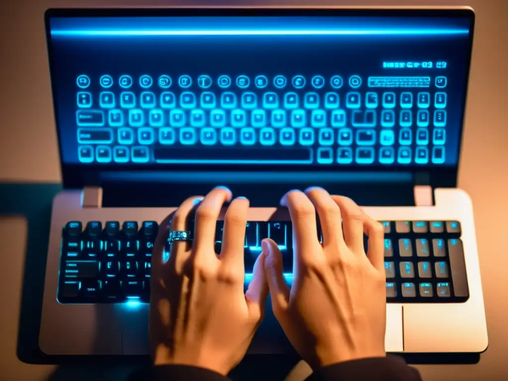 Manos tecleando en un teclado con algoritmo de encriptación, en penumbra