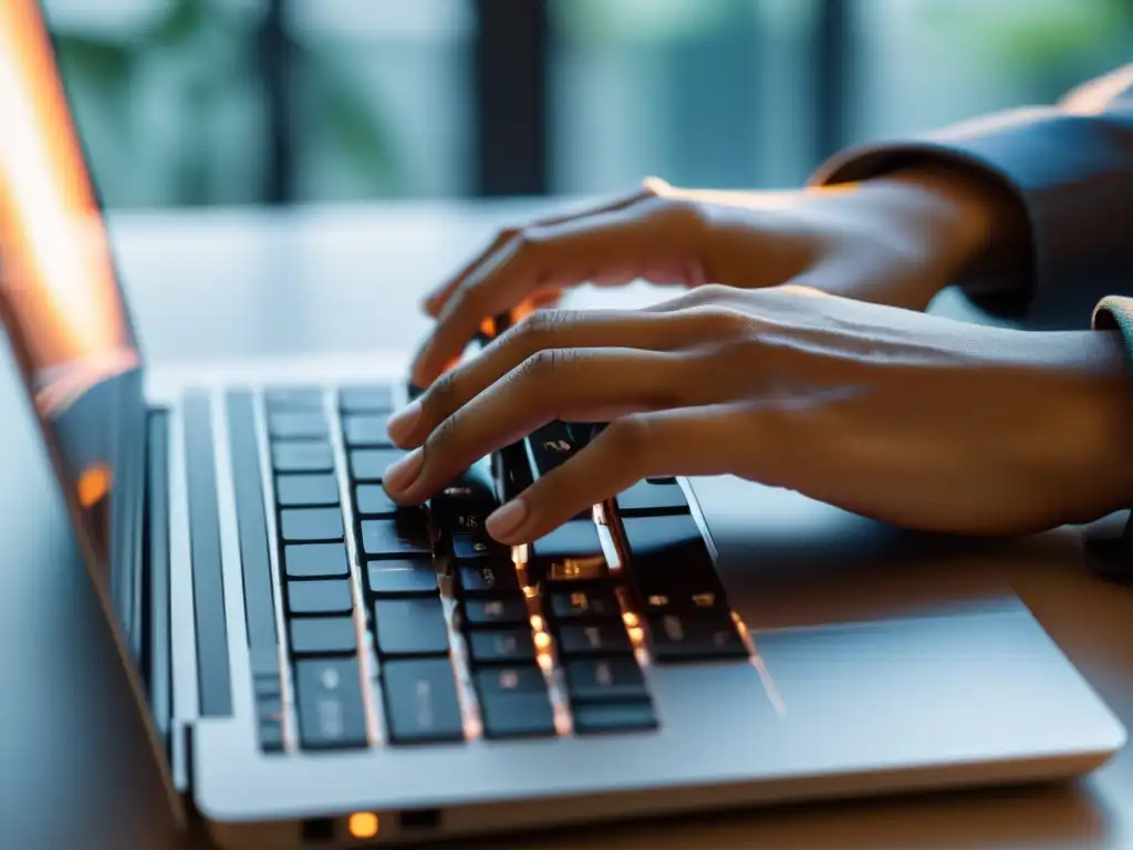 Unas manos teclean en un teclado de laptop en un espacio de trabajo moderno y minimalista, transmitiendo productividad y enfoque