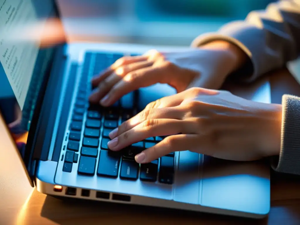 Manos escribiendo en teclado de laptop, luz suave y desgaste sutil