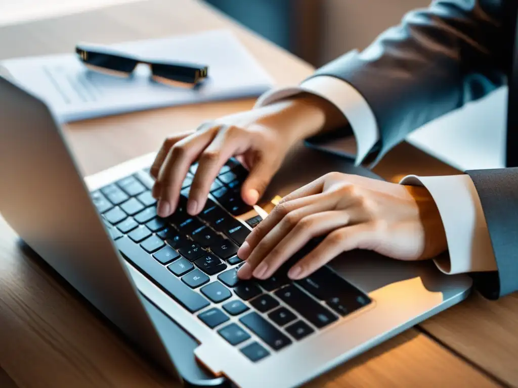 Manos escribiendo en teclado de laptop rodeadas de papeles, candado y café