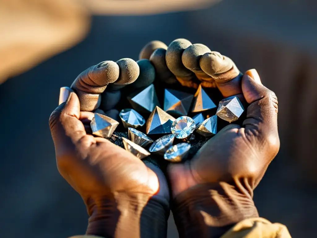 Manos trabajadoras sostienen diamantes crudos, contrastando la dureza del trabajo con el brillo de las gemas