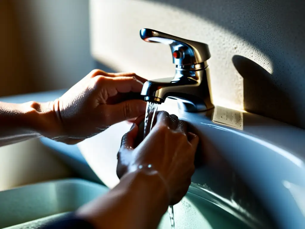 Unas manos trabajadoras abren un grifo con agua fluyendo suavemente en un baño cálido y acogedor