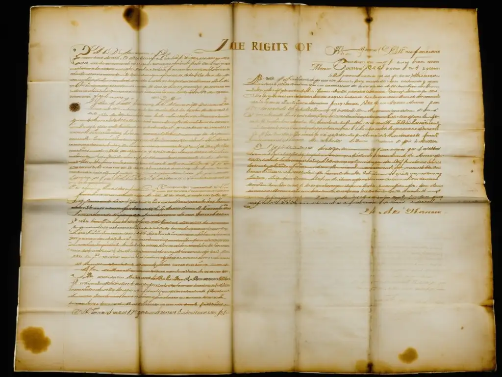 Manuscrito original de la Declaración de los Derechos del Hombre y del Ciudadano de 1789 en una sala de archivos con iluminación tenue