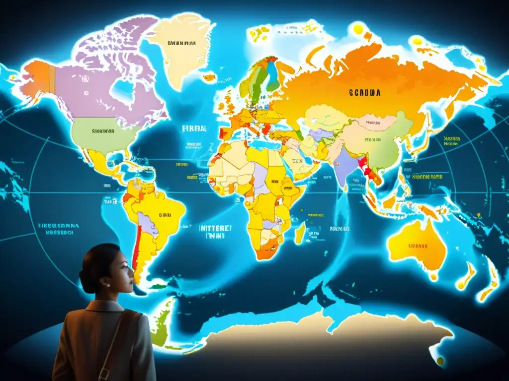 Mapa mundial con zonas resaltadas, representando la censura geográfica en Internet y su impacto en los derechos humanos