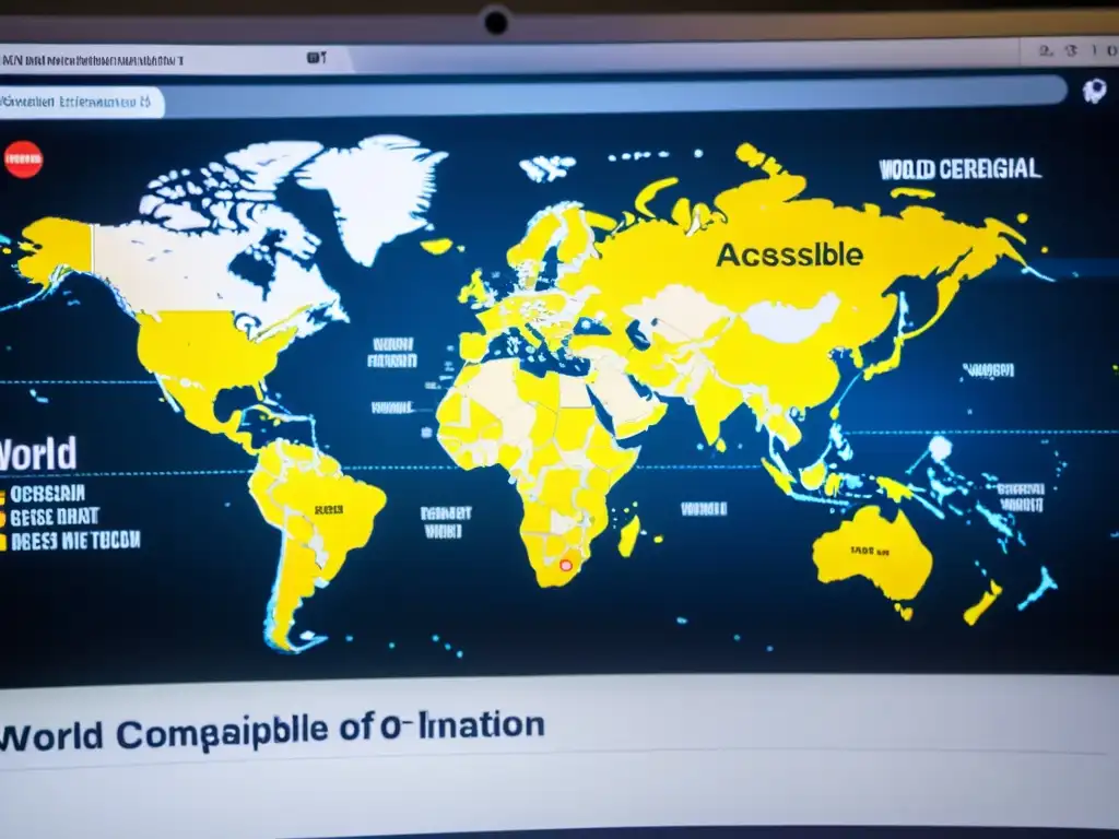 Mapa del mundo en pantalla de computadora muestra censura geográfica en Internet, impactando derechos humanos