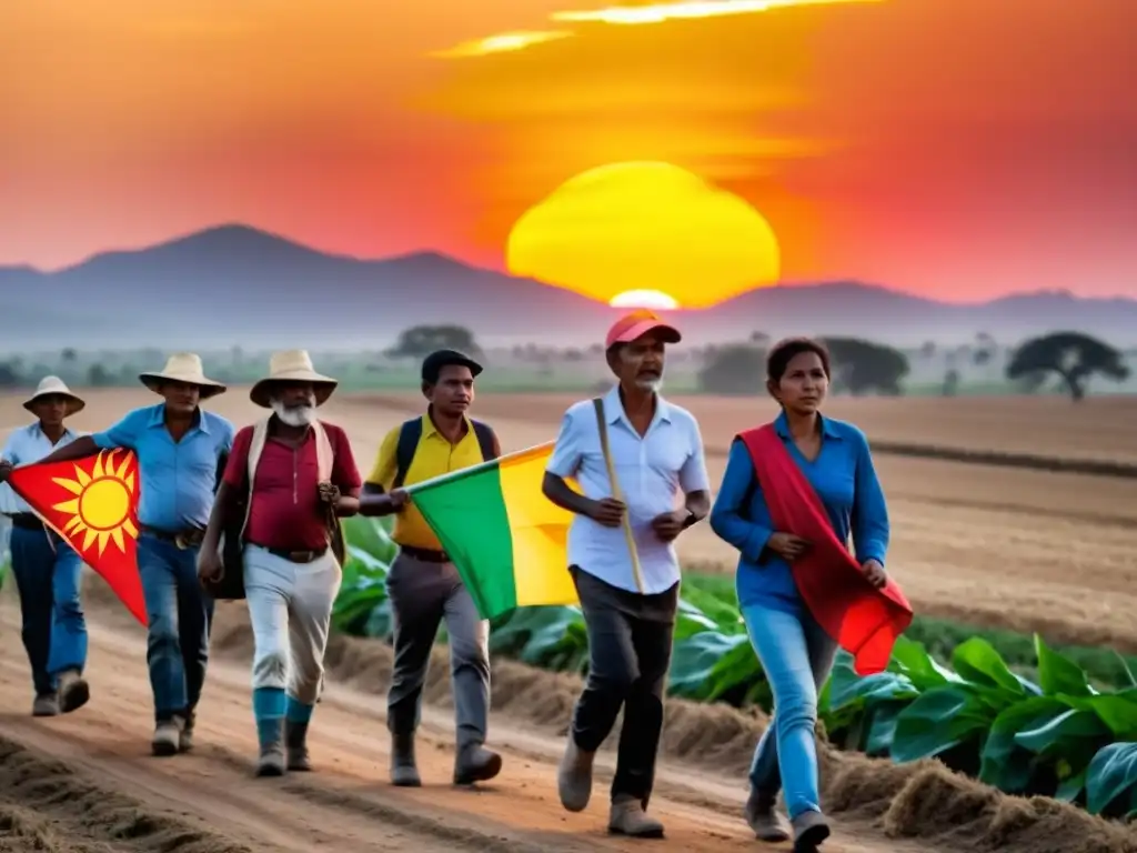 Marcha de activistas y agricultores sin tierra con pancartas y banderas coloridas, luchando por movimientos sociales reforma agraria derechos, bajo el cálido atardecer en un vasto paisaje agrícola