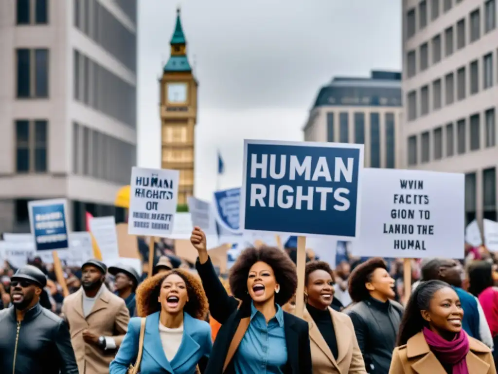 Una marcha histórica con personas diversas abogando por los derechos humanos