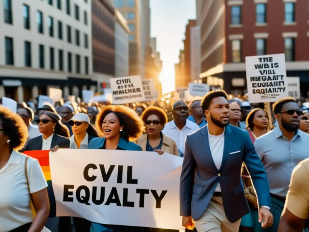 Marcha del movimiento derechos civiles en Estados Unidos, con personas diversa portando pancartas y mostrando determinación en sus rostros